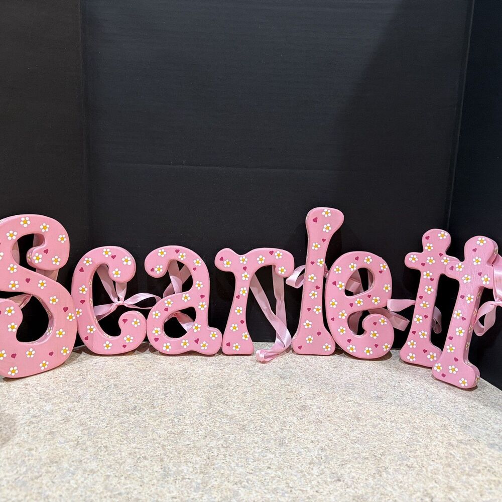 Scarlett  name letters handpainted pink with white flowers and hearts